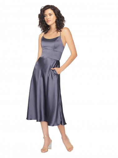 A-Linien Scoop Midi Seidiger Satin Kurze Brautjungfernkleider / Abiballkleider / Cocktailkleider / Heimkehr Kleider Verkauf