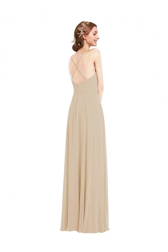 Champagner A-Linien V-Ausschnitt Chiffon Lange Brautjungfernkleider Kaufen