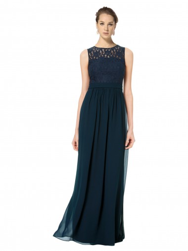 Dunkelmarine A-Linien Illusion Ausschnitt Chiffon Spitze Lange Brautjungfernkleider Verkauf
