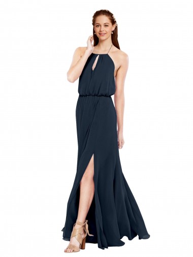Dunkelmarine A-Linien Neckholder Chiffon Lange Brautjungfernkleider Verkauf