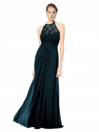 Dunkelmarine A-Linien Neckholder Illusion Ausschnitt Chiffon Spitze Lange Brautjungfernkleider Verkauf
