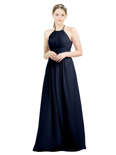 Dunkelmarine A-Linien Neckholder Stehkragen Ausschnitt Chiffon Lange Brautjungfernkleider Verkauf
