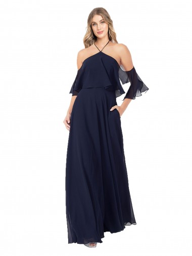 Dunkelmarine A-Linien Neckholder Stehkragen Ausschnitt Chiffon Lange Brautjungfernkleider Verkauf