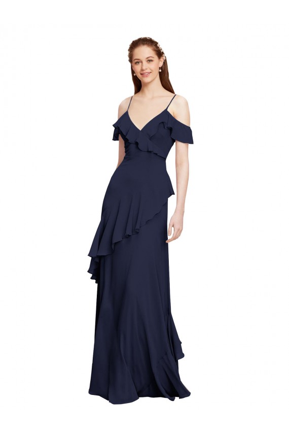 Dunkelmarine A-Linien Off-Schulter Spaghetti-Träger Chiffon Lange Brautjungfernkleider Kaufen
