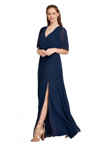 Dunkelmarine A-Linien V-Ausschnitt Chiffon Lange Brautjungfernkleider Verkauf
