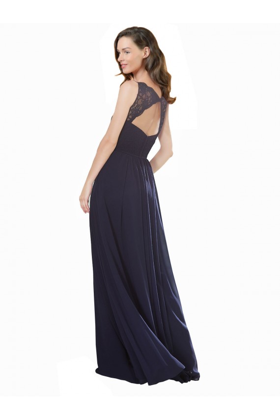 Dunkelmarine A-Linien V-Ausschnitt Chiffon Spitze Lange Brautjungfernkleider Kaufen