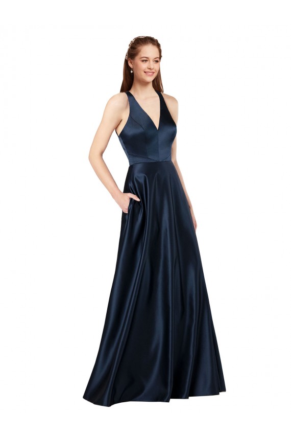 Dunkelmarine A-Linien V-Ausschnitt Satin Lange Formale Brautjungfernkleider / Abendkleider / Abiballkleider Kaufen