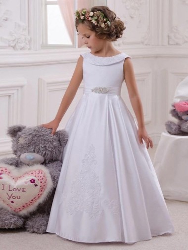 Elfenbein Prinzessin Satin Spitze Lange Blumenmädchenkleider Verkauf