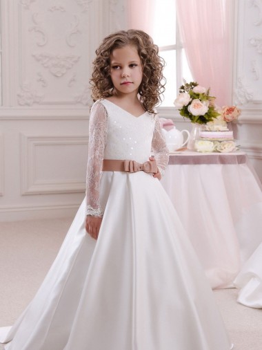 Elfenbein Prinzessin V-Ausschnitt Kapelle-schleppe Satin Spitze Lange Blumenmädchenkleider Verkauf