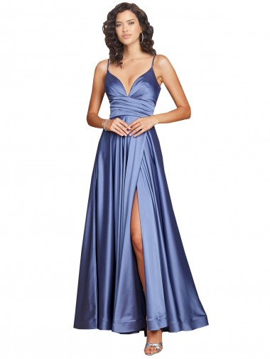 Französisch Blau A-Linien Spaghetti-Träger Seidiger Satin Lange Formale Brautjungfernkleider / Abendkleider / Abiballkleider Verkauf