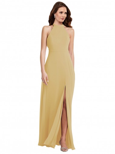 Gold A-Linien Neckholder Chiffon Lange Brautjungfernkleider Verkauf