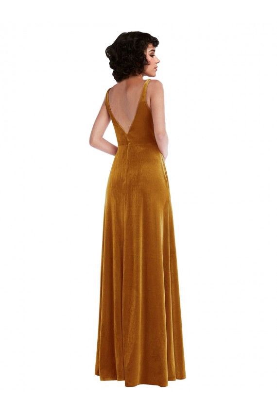 Gold Trompete V-Ausschnitt Stretch-Samt Lange Brautjungfernkleider / Abiballkleider Kaufen