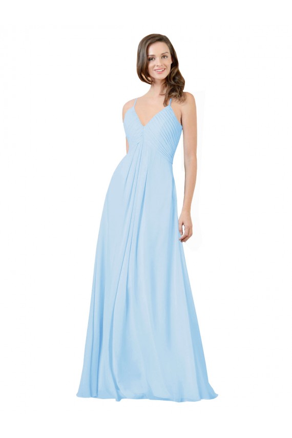 Helles Himmelblau A-Linien Spaghetti-Träger V-Ausschnitt Chiffon Lange Brautjungfernkleider Kaufen