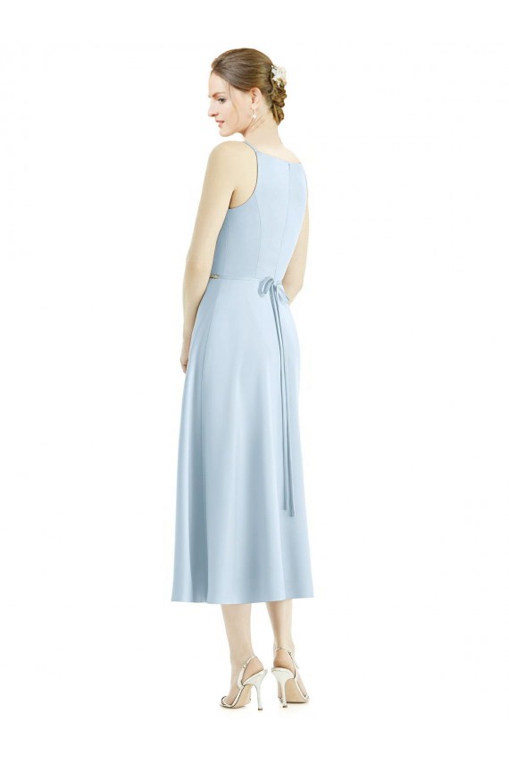 Helles Himmelblau A-Linien V-Ausschnitt Wadenlang Satin Lange Brautjungfernkleider Kaufen