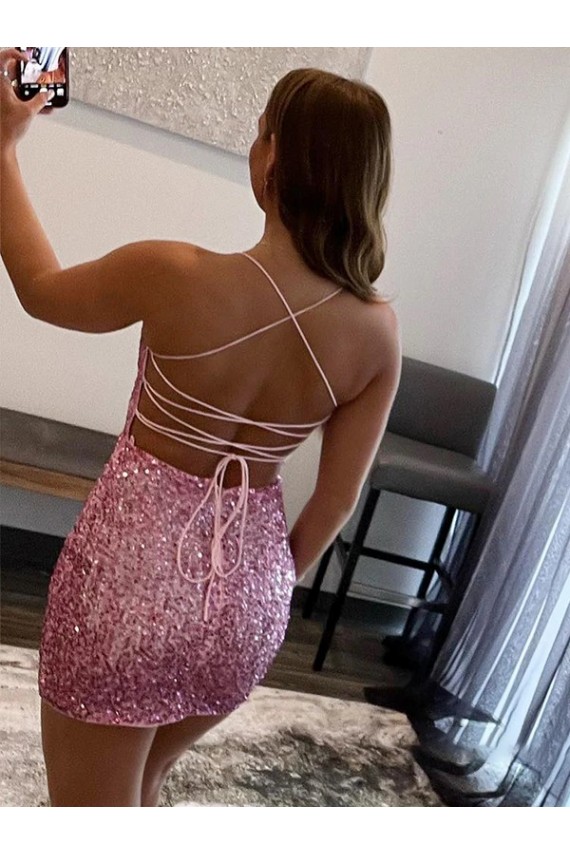 Hot Rosa Etui Spaghetti-Träger Kurze Samt Paillette Kurze Abiballkleider Kaufen