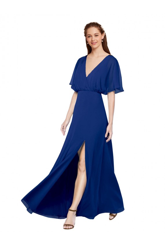 Königsblau A-Linien V-Ausschnitt Chiffon Lange Brautjungfernkleider Kaufen