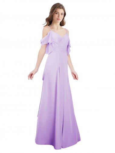 Lila A-Linien Off-Schulter Spaghetti-Träger Chiffon Lange Brautjungfernkleider Verkauf