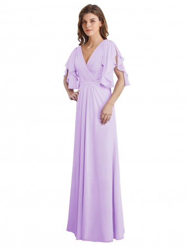 Lila A-Linien V-Ausschnitt Chiffon Lange Brautjungfernkleider Verkauf