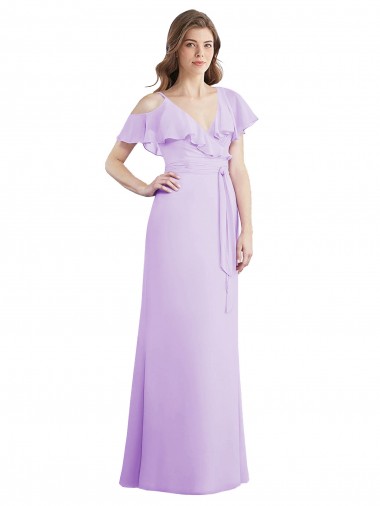 Lila A-Linien V-Ausschnitt Chiffon Lange Brautjungfernkleider Verkauf