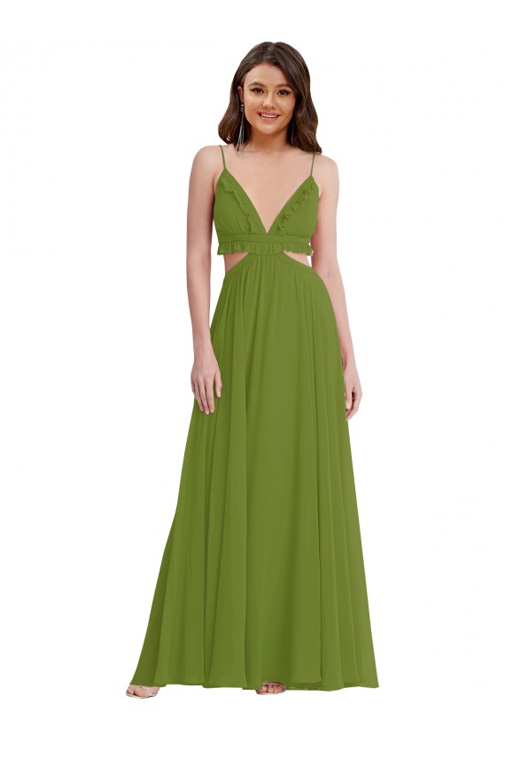 Olivgrün A-Linien V-Ausschnitt Chiffon Lange Brautjungfernkleider Kaufen