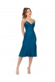 Pfauenblau A-Linien V-Ausschnitt Midi Seidiger Satin Kurze Brautjungfernkleider / Abiballkleider / Cocktailkleider / Heimkehr Kleider Kaufen