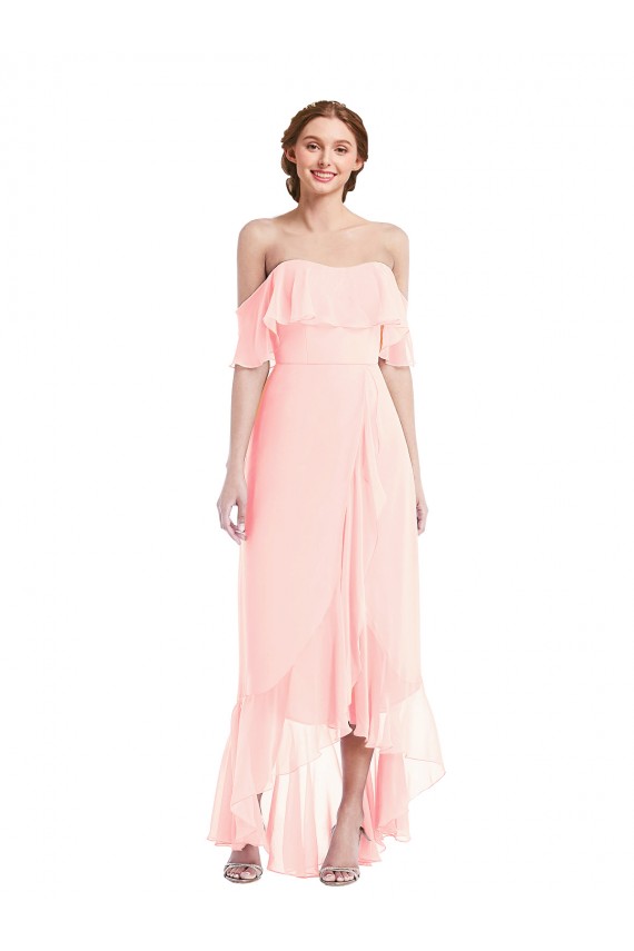 Rosa A-Linien Off-Schulter Chiffon Lange Brautjungfernkleider Kaufen