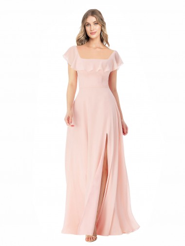 Rosa A-Linien Quadrat Ausschnitt Chiffon Lange Brautjungfernkleider Verkauf