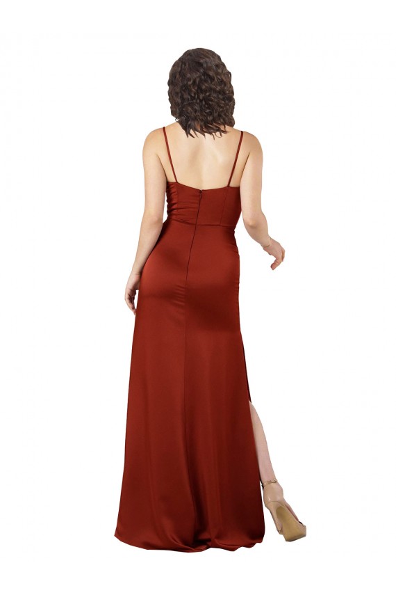 Rot A-Linien Spaghetti-Träger Quadrat Ausschnitt Seidiger Satin Lange Formale Brautjungfernkleider / Abendkleider / Abiballkleider Kaufen