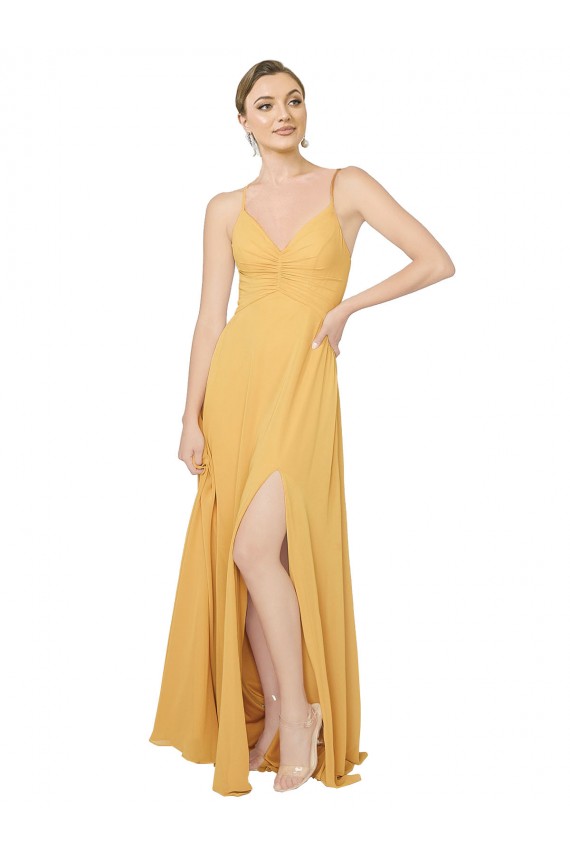 Safran A-Linien V-Ausschnitt Chiffon Lange Brautjungfernkleider Kaufen