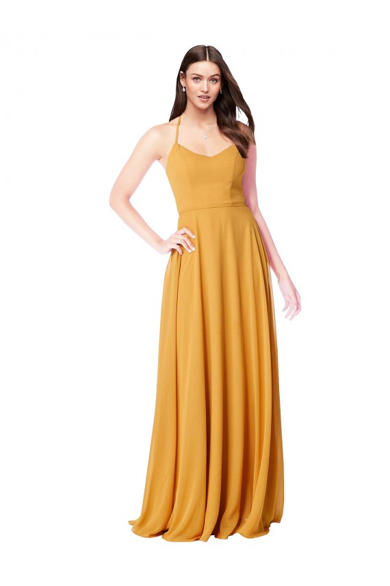 Safran A-Linien V-Ausschnitt Chiffon Lange Brautjungfernkleider Kaufen