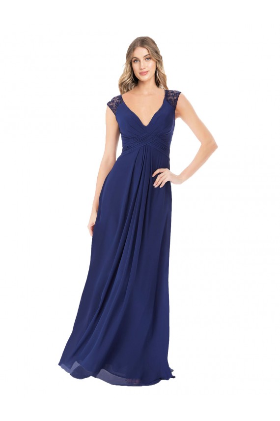 Saphir A-Linien V-Ausschnitt Chiffon Lange Brautjungfernkleider Kaufen