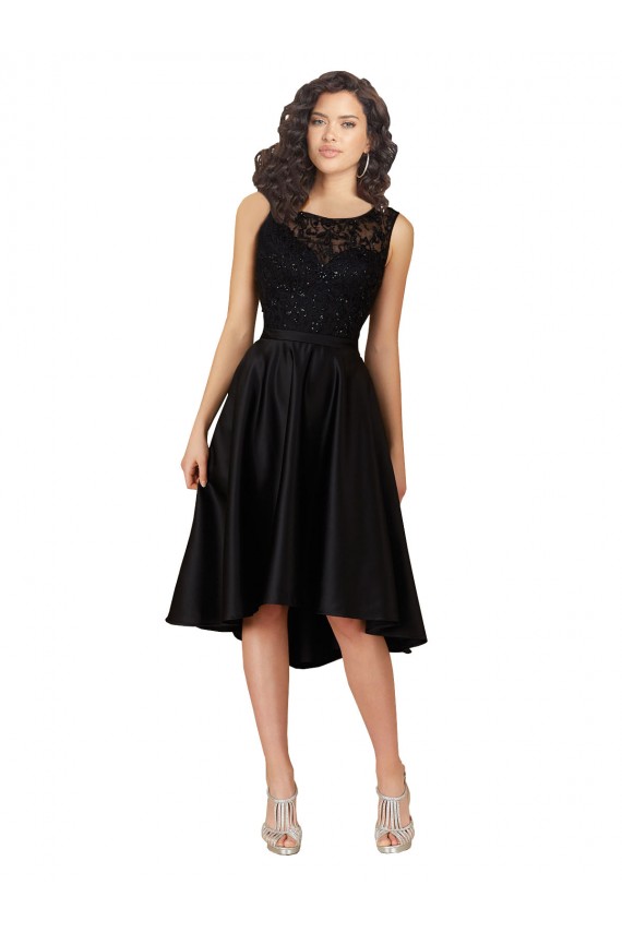 Schwarz A-Linien Illusion Ausschnitt Midi Satin Spitze Kurze Brautjungfernkleider / Cocktailkleider / Heimkehr Kleider Kaufen