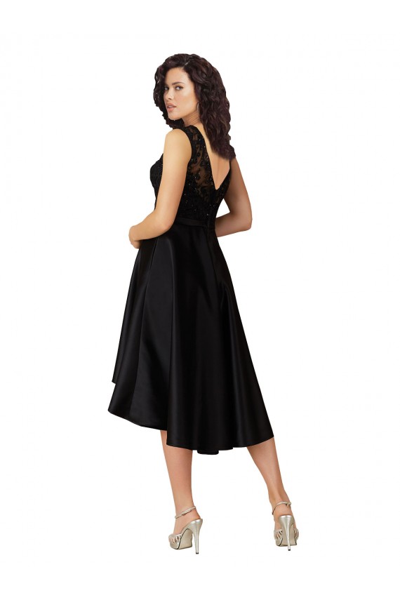 Schwarz A-Linien Illusion Ausschnitt Midi Satin Spitze Kurze Brautjungfernkleider / Cocktailkleider / Heimkehr Kleider Kaufen