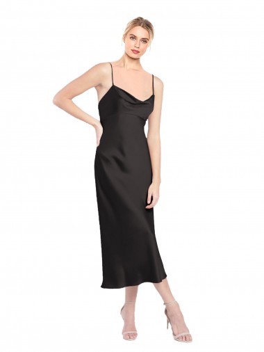 Schwarz A-Linien Spaghetti-Träger Haube Ausschnitt Midi Stretch-Satin Kurze Formale Brautjungfernkleider / Abendkleider / Abiballkleider / Cocktailkleider / Heimkehr Kleider Verkauf