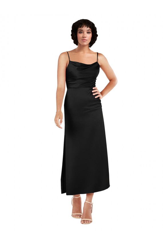 Schwarz A-Linien Spaghetti-Träger Haube Ausschnitt Wadenlang Seidiger Satin Kurze Formale Brautjungfernkleider / Abendkleider / Abiballkleider / Cocktailkleider / Heimkehr Kleider Kaufen