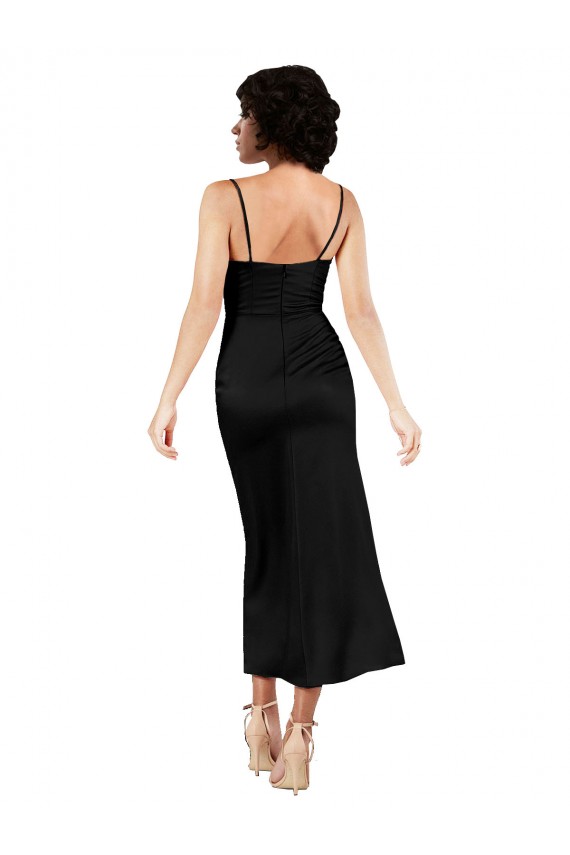 Schwarz A-Linien Spaghetti-Träger Haube Ausschnitt Wadenlang Seidiger Satin Kurze Formale Brautjungfernkleider / Abendkleider / Abiballkleider / Cocktailkleider / Heimkehr Kleider Kaufen