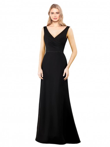 Schwarz A-Linien V-Ausschnitt Chiffon Lange Brautjungfernkleider / Abiballkleider Verkauf