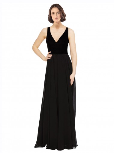 Schwarz A-Linien V-Ausschnitt Chiffon Samt Lange Brautjungfernkleider / Abiballkleider Verkauf