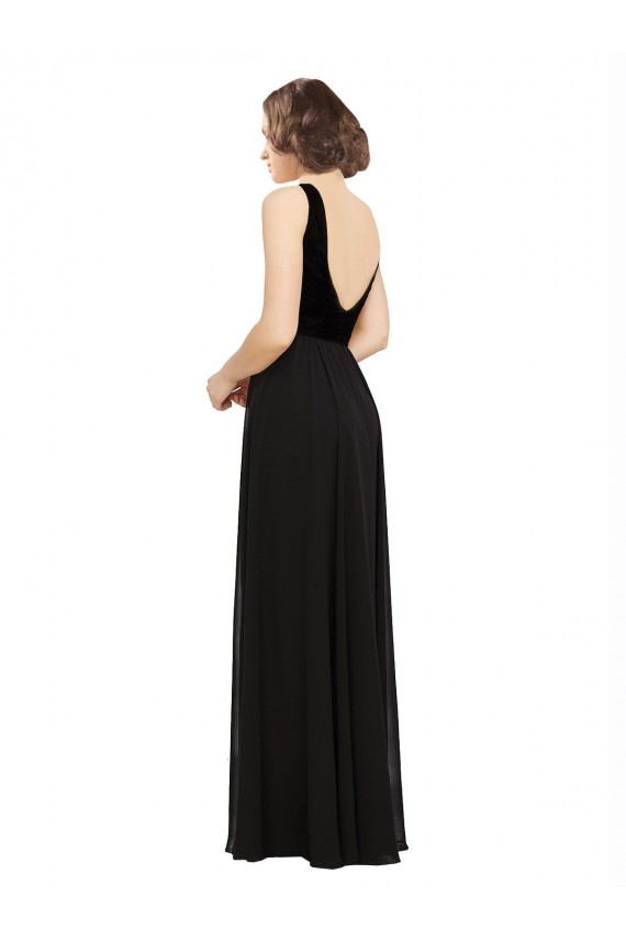 Schwarz A-Linien V-Ausschnitt Chiffon Samt Lange Brautjungfernkleider / Abiballkleider Kaufen
