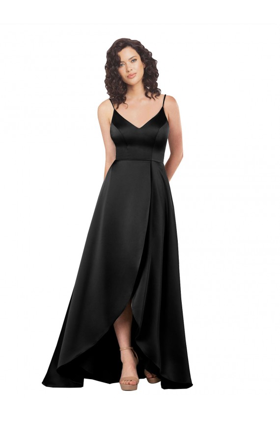 Schwarz A-Linien V-Ausschnitt Seidiger Satin Lange Formale Brautjungfernkleider / Abendkleider / Abiballkleider Kaufen