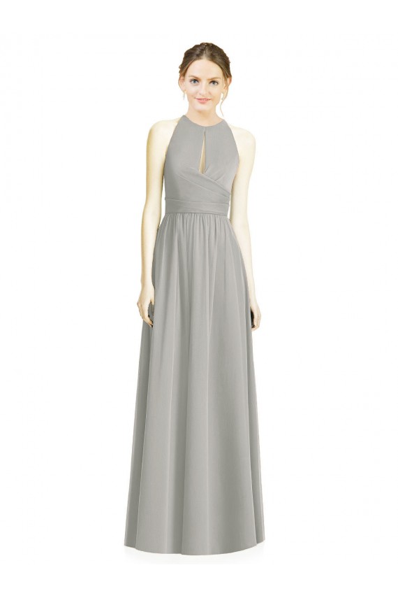Silber A-Linien Neckholder Chiffon Lange Brautjungfernkleider Kaufen