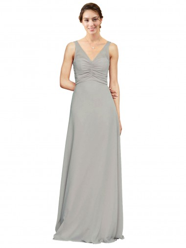 Silber A-Linien V-Ausschnitt Chiffon Lange Brautjungfernkleider Verkauf
