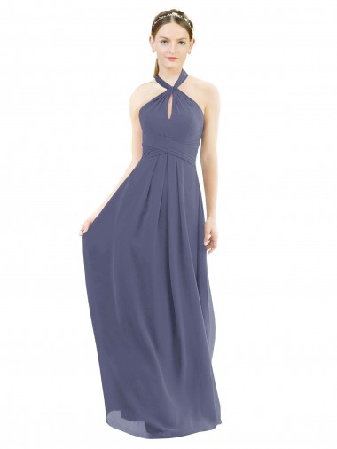 Silberner Stein A-Linien Neckholder Chiffon Lange Brautjungfernkleider Verkauf