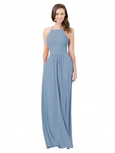 Staubiges Blau A-Linien Neckholder Chiffon Lange Brautjungfernkleider Verkauf