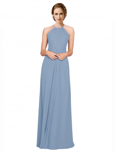 Staubiges Blau A-Linien Neckholder Stehkragen Ausschnitt Chiffon Lange Brautjungfernkleider Verkauf