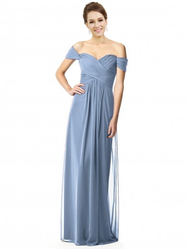 Staubiges Blau A-Linien Off-Schulter Chiffon Lange Brautjungfernkleider Verkauf
