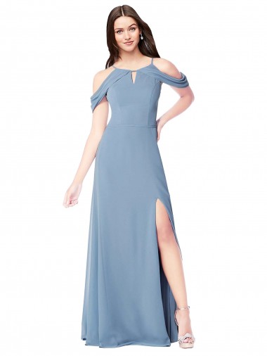 Staubiges Blau A-Linien Off-Schulter Chiffon Lange Brautjungfernkleider Verkauf