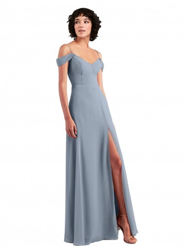 Staubiges Blau A-Linien Off-Schulter Spaghetti-Träger Chiffon Lange Brautjungfernkleider Verkauf