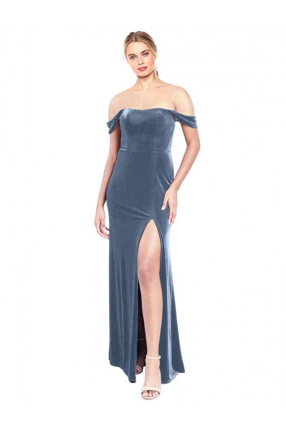 Staubiges Blau A-Linien Off-Schulter Trägerlos Stretch-Samt Lange Brautjungfernkleider / Abiballkleider Kaufen
