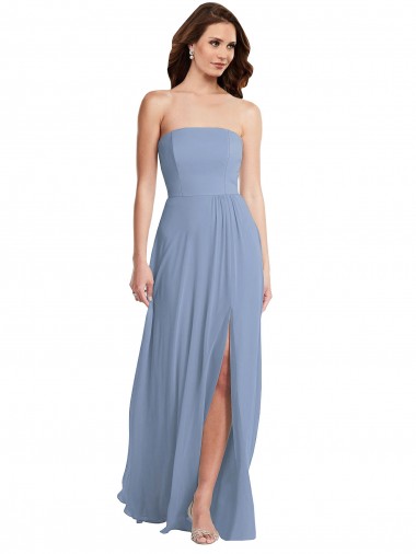 Staubiges Blau A-Linien Trägerlos Chiffon Lange Brautjungfernkleider Verkauf